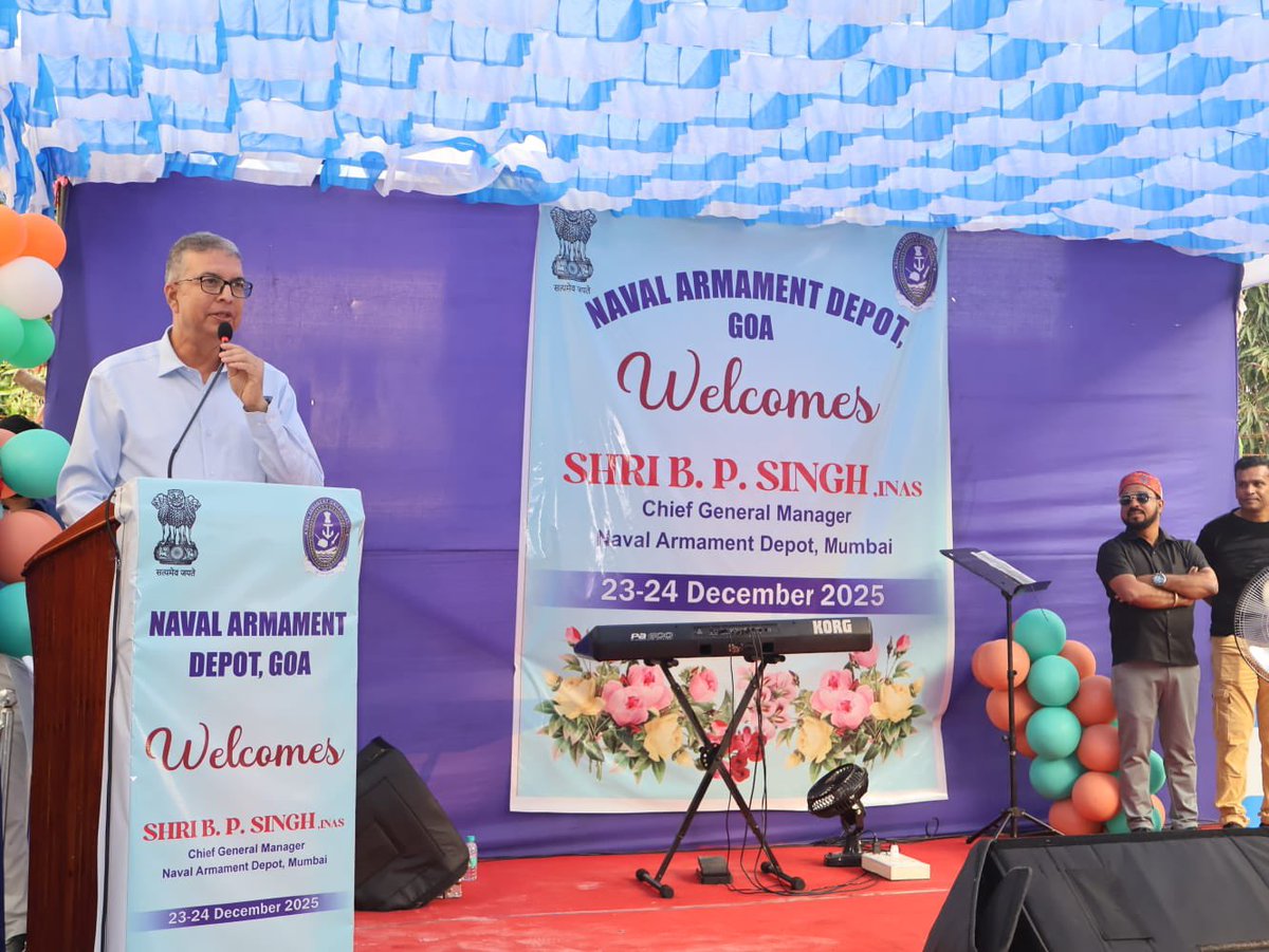 IN_DCP's tweet photo. Shri BP Singh, #INAS, the Chief General Manager NAD Mumbai visited #NADGoa from 23 to 24 Dec 2025. During the maiden visit of CGM after taking over, the Senior Officer interacted with #DefenceCivilian employees of all sections of NAD Goa wherein Shri Bhupendra Sharma, General Manager and officers apprised him regarding ongoing issues, major achievements of the depot for operational preparedness. #CGM NAD MB addressed the depot employees followed by interactions.
#HarKaamDeshKeNaam
#IndianNavy
#NavalCivilians