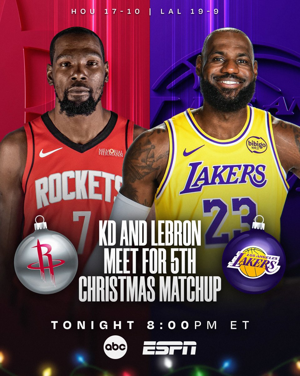 KD vs. LEBRON on #NBAXmas 🔥
Two legends go head-to-head as Kevin Durant and LeBron James meet for their 5th Christmas matchup with the West #6 Rockets visiting the #4 Lakers!
🎁 Tonight at 8:00pm/et on ABC & ESPN