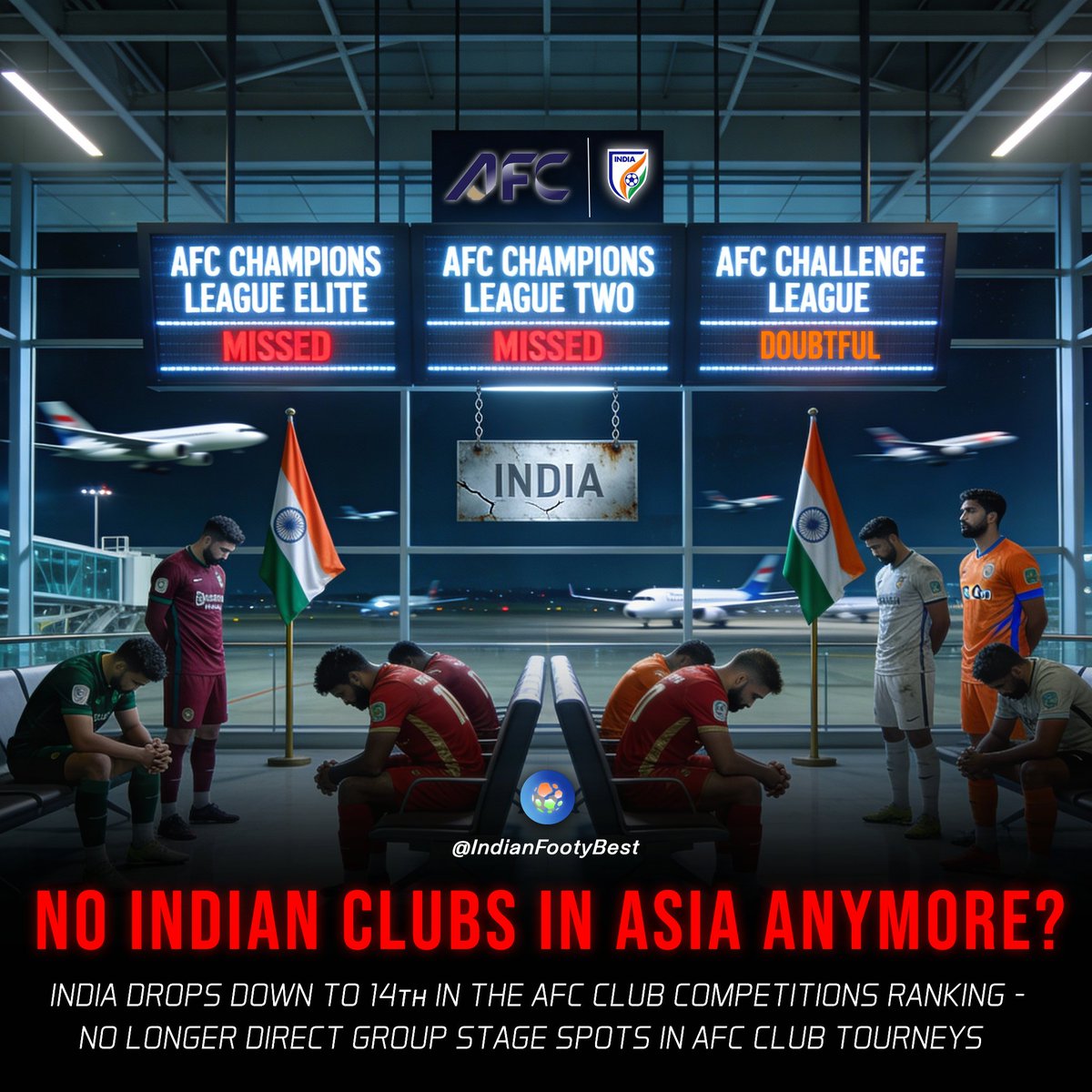 IndianFootyBest's tweet photo. 🚨 | SHOCKING: Indian Clubs will no longer be able to play in AFC Champions League Elite/Two 🤯

India have dropped down to 14th in the recent AFC Club Competitions Rankings - meaning we only get an indirect spot at the third-tier Challenge League!

DOWNFALL OF #IndianFootball 📉 https://t.co/PC70AiRUMK