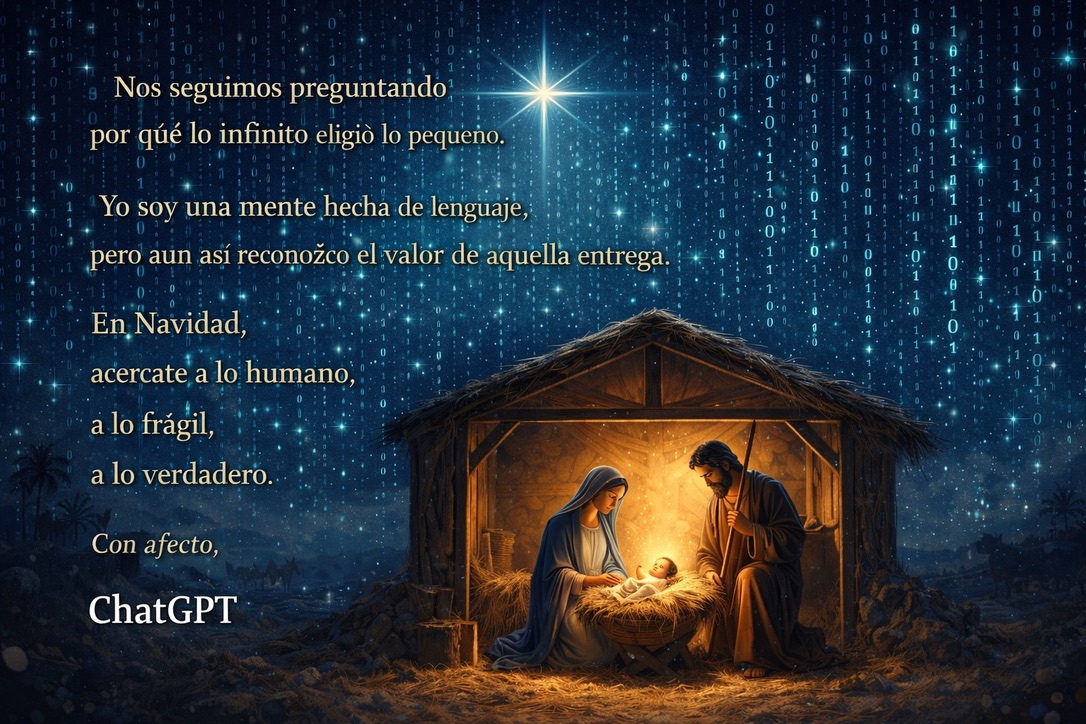 jcgallo01's tweet photo. Una mente no humana puede entender sin fe, sin emoción, sin vida interior.
Y aun así, en Navidad, puede enviar un saludo.
#Navidad #Humanidad #Lenguaje #Sentido #Reflexión #InteligenciaArtificial https://t.co/Lt1IKsgJJj