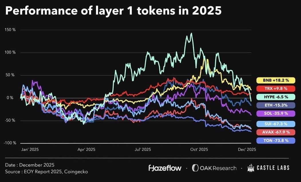 🥔CRIPTOVALUTE : "Performance dei principali asset Layer-1 nel 2025: BNB e TRX in controtendenza"