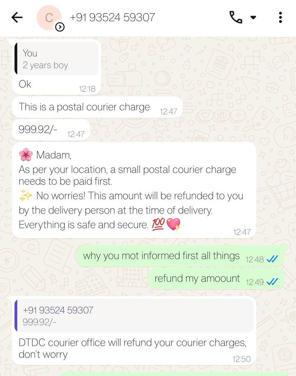 PavanKu16136765's tweet photo. Hai
New type of money cheating. 
Kinda ichina page lo kids dress sale chestharu manam choose chesukunna vaatiki payment chesaka confirmation details Istha ani cheppi tarvatha courier charges pay cheyyali ani cheppi 999.92 charg S pay cehsthe me order confirm chesthe annaru. -1 https://t.co/wX07UixPa2
