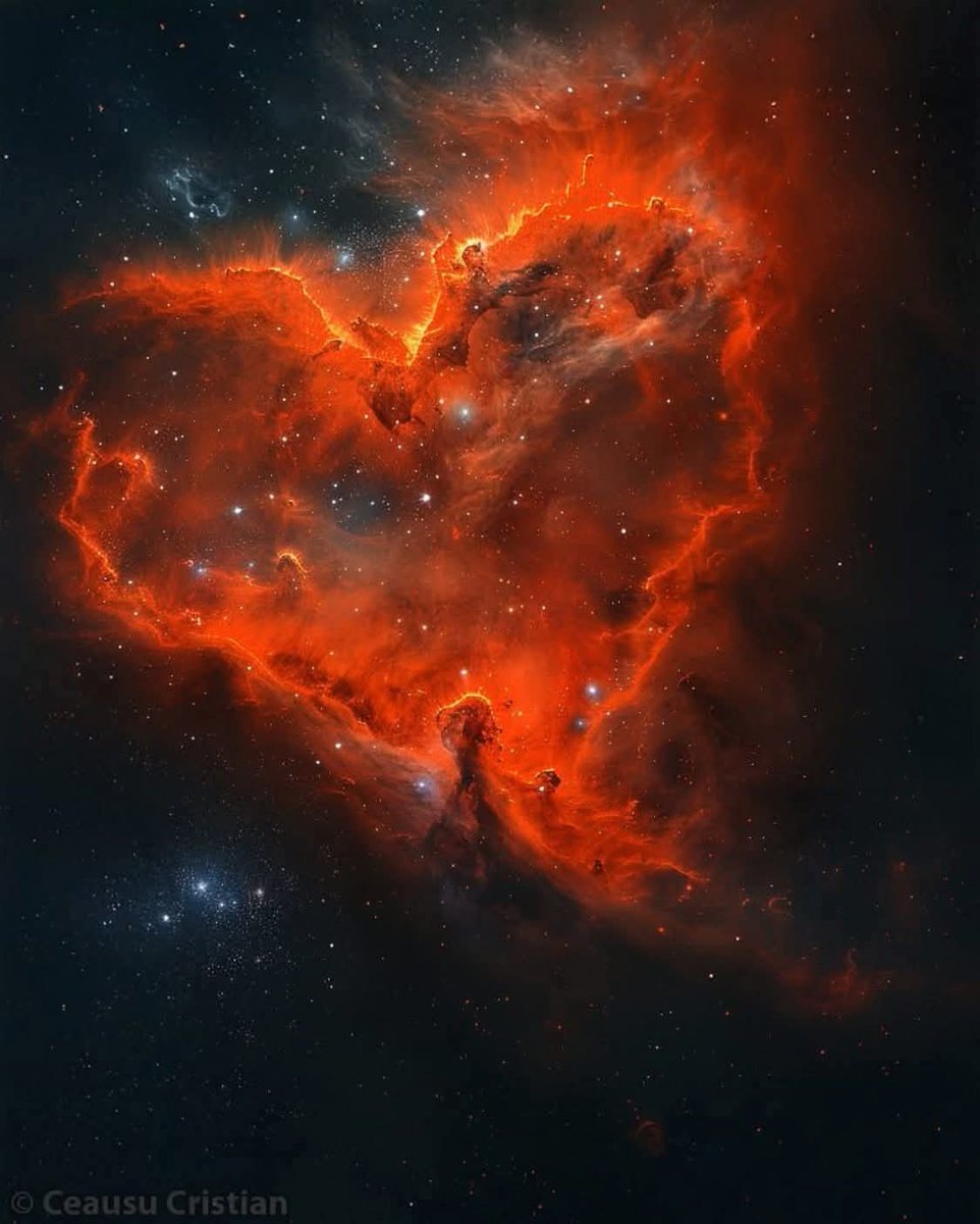 konstructivizm's tweet photo. Behold the Heart Nebula (IC 1805), a breathtaking stellar nursery 7,500 light-years away in the Perseus Arm of the Galaxy, in the constellation Cassiopeia. Its glowing tendrils of ionized gas and intricate dust lanes whisper the secrets of creation, where new stars ignite in a cosmic ballet.