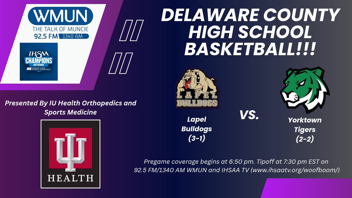 WMUNMuncie's tweet photo. SATURDAY! We bring you a mid-holiday match-up! Join us as the Lapel Bulldogs (3-1) takes on the Yorktown Tigers (2-2)!

Kurt Darling and Jim Leisure have the call with pregame at 6:50pm; tipoff at 7:30pm EST on 92.5 FM/1340 AM @WMUNMuncie and on @IHSAAtv!! https://t.co/WMCX0oNcIK