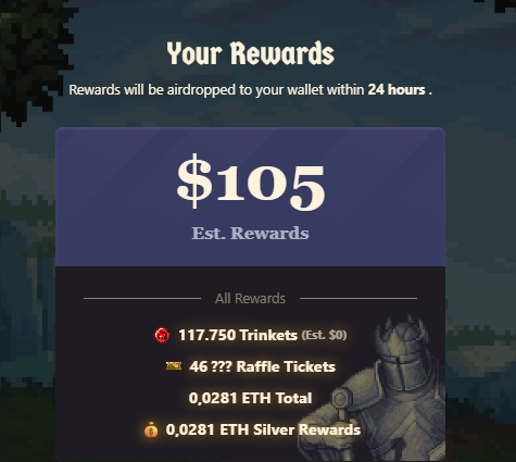 oCarlosro's tweet photo. I earned rewards from playing @playcambria's Gold Rush: Season 3!

My rewards include:

🌟 117.750 Trinkets (Est. $23,55)
🎫 46 ??? Raffle Tickets
⚡ 0,0281 ETH Rewards
🔷 0 Paymaster ETH
💰 0,0281 Silver ETH Rewards

https://t.co/euu0M4Y88W

#GoldRush #Cambria https://t.co/vyxVufHOW2