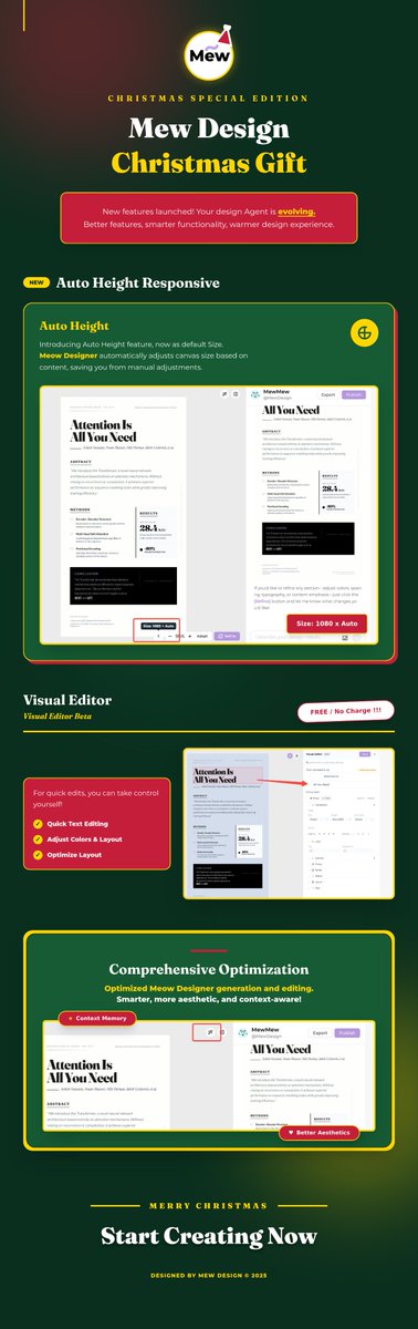 mew4design's tweet image. 🎁 Mew Design Christmas Gift is here!
New features just dropped.
✨ Auto Height
✨ Visual Editor (Free)
✨ Smarter, more aesthetic generation

📌 This visual was created directly with Mew.Design.
👉 Start creating now
#MerryChristmas #Christmasgifts #mewdesign