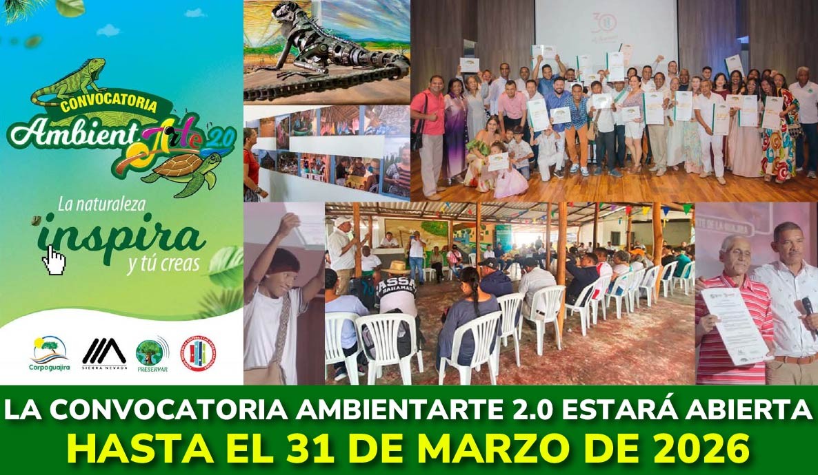 ¡YA ESTÁ ABIERTA LA CONVOCATORIA AMBIENTARTE 2.0!
<a href="/CORPOGUAJIRA/">Corpoguajira</a>, en articulación con el Fondo Mixto Sierra Nevada y <a href="/CorpoPreservar/">CorporaciónPreservar</a> te invitan a inscribir tu obra en la convocatoria. Son más de 140.000.000 de pesos en premios. Más información en preservar.org.