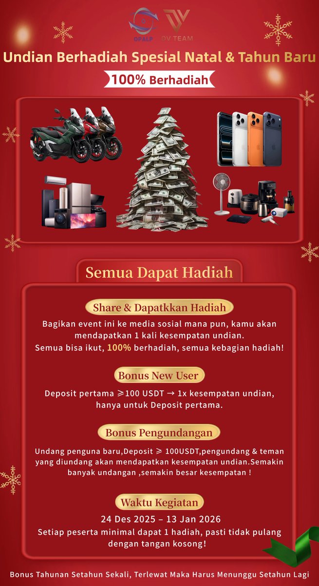 DVTEAM88's tweet photo. 🎄 Karnaval Natal DV TEAM | 100% Menang!
Rayakan Natal dengan Motor mewah, iPhone 17 &amp; USDT! Top-up/Undang teman untuk tiket undian. Event: 24 Des - 13 Jan. Sikat! 🎁

#dv #DV #opalp #dvteam #dvteamupdate https://t.co/xo2iyByxrJ