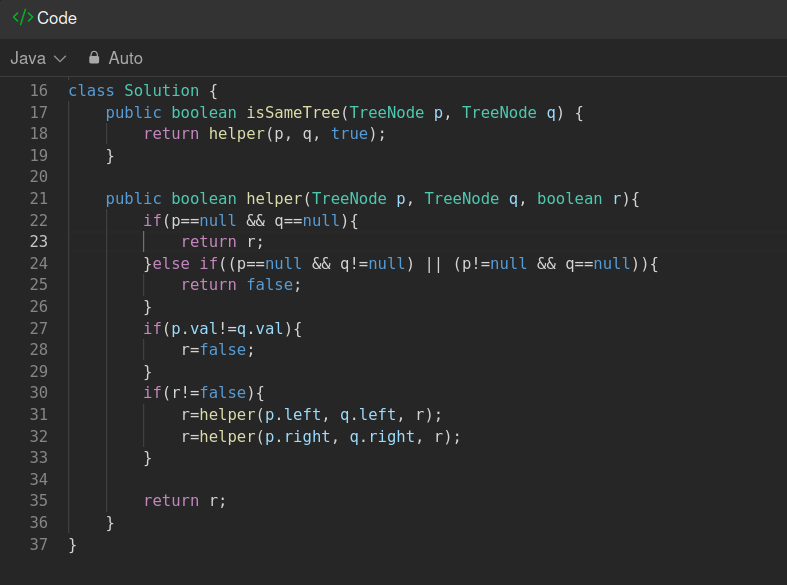 Pranjul07_'s tweet photo. " Trying to improve the previous self.

#Day29 of #100DaysOfCode
Prob no. - 100. Same Tree.

@java
#programming #dodailycode #dailycode https://t.co/AyaZMj4iBn