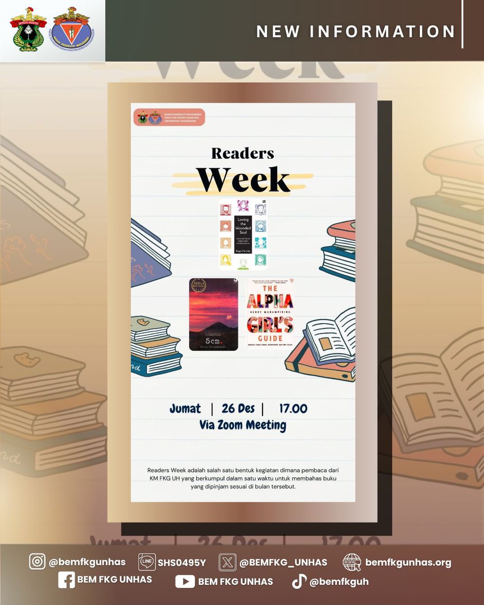 Haloo Keluarga Mahasiswa FKG Unhas 👋🏻👋🏻
Kami dari TW Dental Library akan mengadakan Readers Week. Readers Week adalah salah satu bentuk kegiatan untuk mengumpulkan pembaca dari KM FKG UH dalam satu waktu untuk membahas buku yang dipinjam sesuai di bulan tersebut.