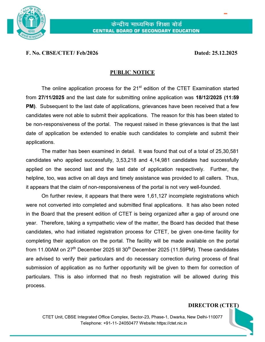 A big thank you to <a href="/cbseindia29/">CBSE HQ</a> <a href="/EduMinOfIndia/">Ministry of Education</a> <a href="/PMOIndia/">PMO India</a> for extending the #CTET2026 deadline by three days, helping eligible candidates who missed the final submission earlier. 🙏