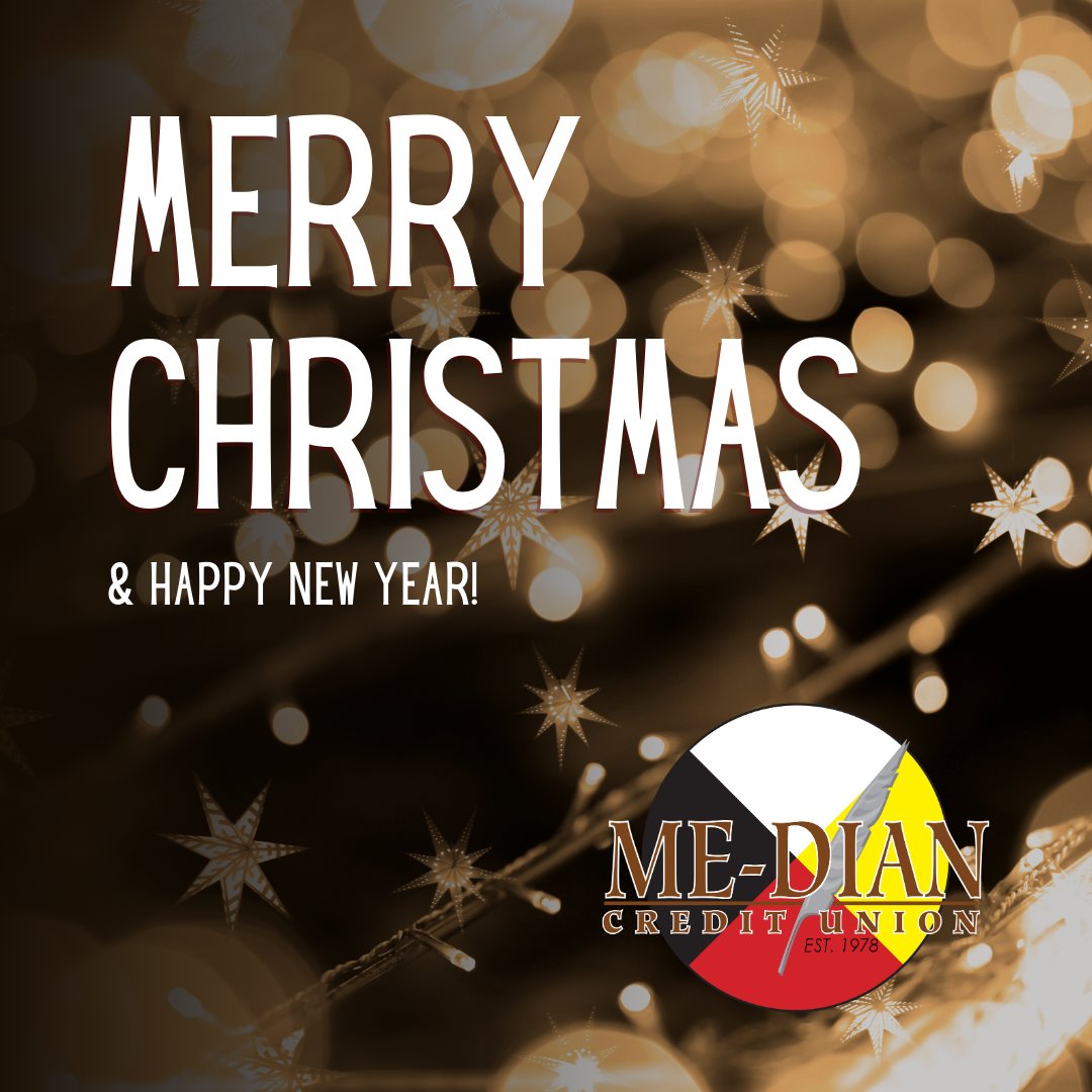 MedianCU's tweet photo. Me-Dian Credit Union wishes everyone a Merry Christmas and Happy New Year!

As a reminder, our branches will be closed today December 25th, and tomorrow December 26th. Branches will be reopen on Monday, December 29th. https://t.co/CLQ6La4g8C