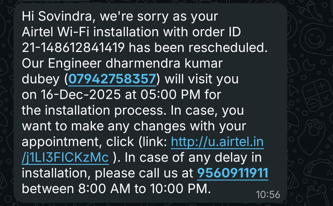 sovindrasir's tweet photo. Airtel wifi connection no. 012025238374
Shifting request pending since last 10 days. But there is no solution provided by the @airtelindia or airtel team.
Every time only timings given by the @airtelindia technicians.
@airtelindia
@Airtel_Presence @airtelnews https://t.co/Pwo73GNiGk
