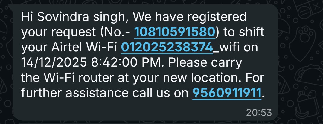 sovindrasir's tweet photo. Airtel wifi connection no. 012025238374
Shifting request pending since last 10 days. But there is no solution provided by the @airtelindia or airtel team.
Every time only timings given by the @airtelindia technicians.
@airtelindia
@Airtel_Presence @airtelnews https://t.co/Pwo73GNiGk