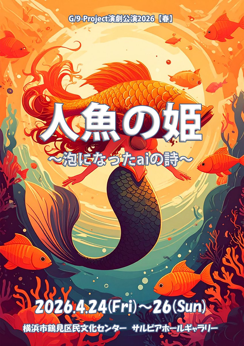 【締め切りました！】
2026年4月、G/9-Project演劇公演『人魚の姫～泡になったaiの詩～』の出演者募集を締め切りました！
とても個性豊かな方々にご応募いただきました。誠にありがとうございます♪
近日中に出演者を発表いたします。どうぞご期待下さい！