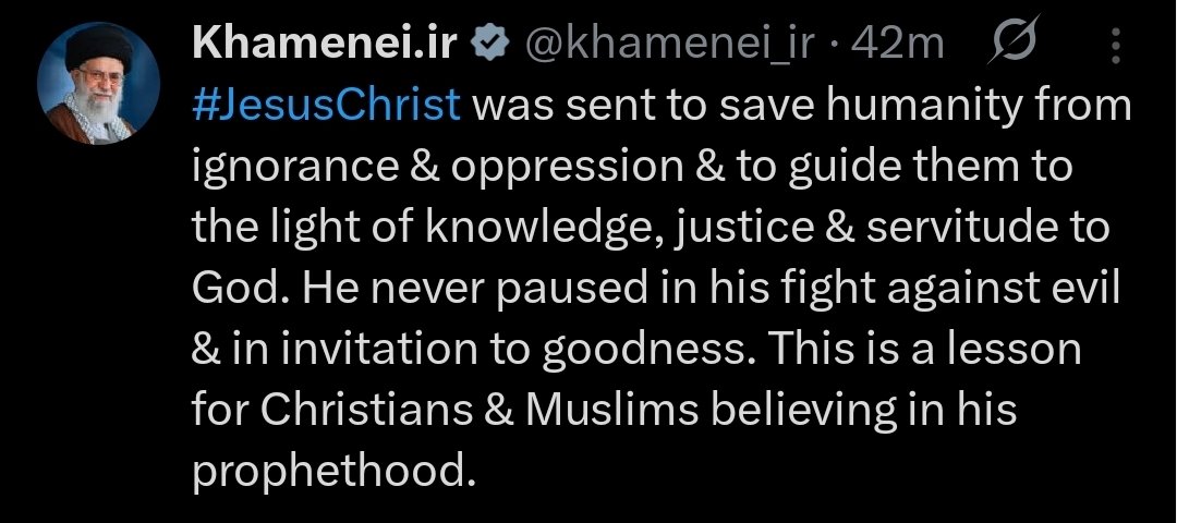⚡️BREAKING 

Grand Ayatollah Khamenei invites Muslims and Christians to follow the footsteps of Jesus Christ