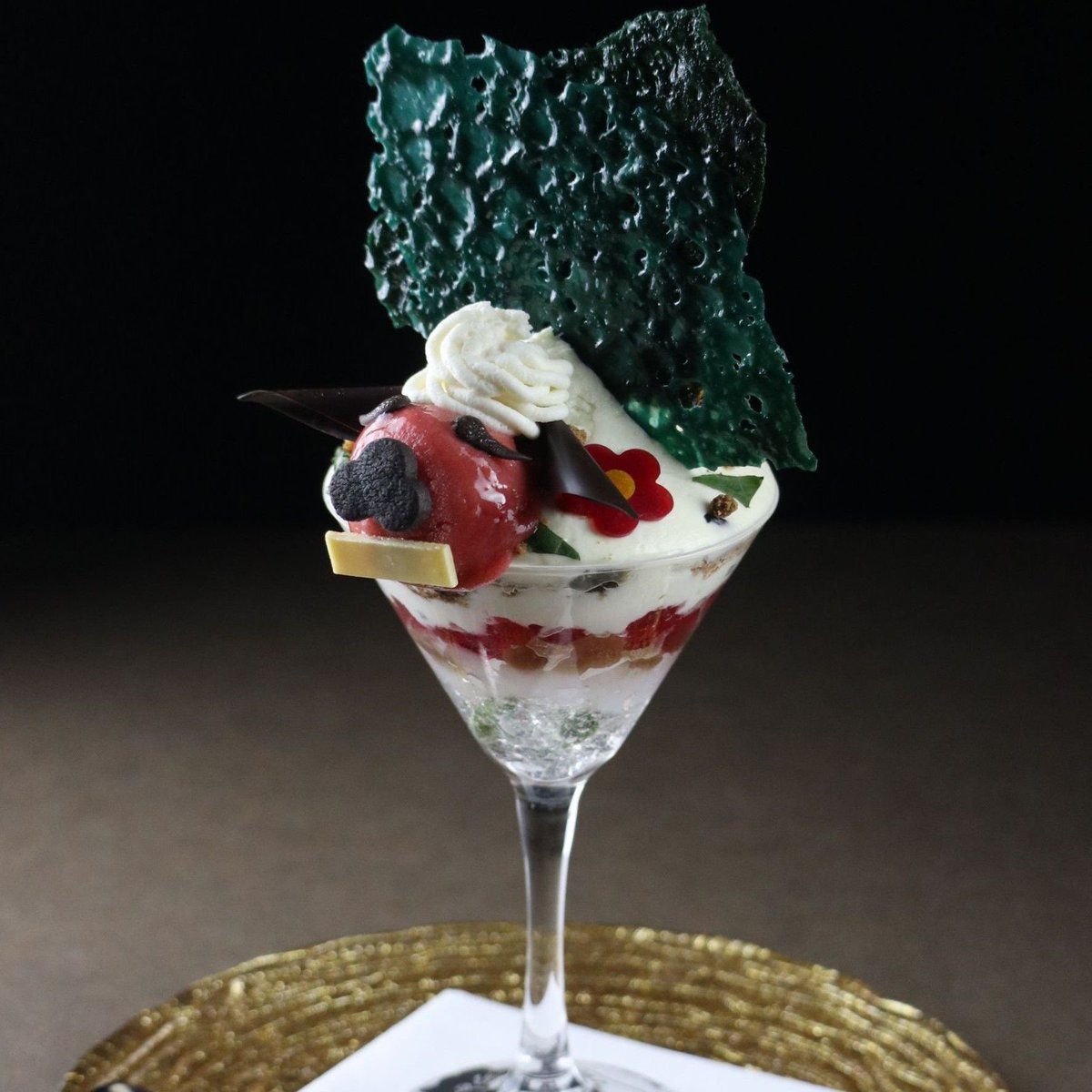 Number Kuma難波

パフェのご紹介

『 獅子舞パフェ〜梅の花と〜 』

獅子舞は、頭に噛みつくことで
“神さまが付く“と言われていて
通常胴幕（かや）と言われる演者を隠す
唐草模様の風呂敷を少し派手ですが
俳人 小林一茶も詠んだ
縁起のいい組み合わせ梅の花模様で
歌舞いた獅子舞にしております。