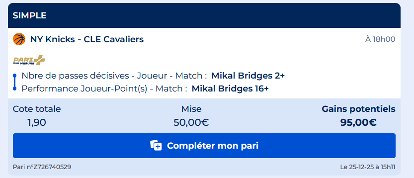 Paul26NBA's tweet photo. [#Basketball 🏀]🗓️25/12

𝑳𝒂 𝑴𝒐𝒏𝒕𝒂𝒏𝒕𝒆 X10  50€ > 500€

💶ÉTAPE 1 : 50€ > 95€💶

#NBAChristmasDay 🏀

⚠️Match à 18H00

Mikal Bridges 16 pts &amp; 2 Passes 1.90

Follow❤️♻️

#TeamParieur #Montante #NBA #NBAXmas https://t.co/XVm0pyA0Sc