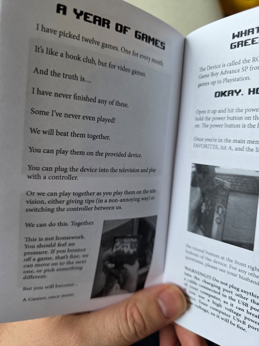 DeclouxJ's tweet image. After my son was born, my wife vowed to get good at video games so she can play with him, so for Christmas, I loaded an ambernic with a bunch of classics and gave her a custom case with a 20-page manual with instructions and a "Game of The Month" for both of us to play.