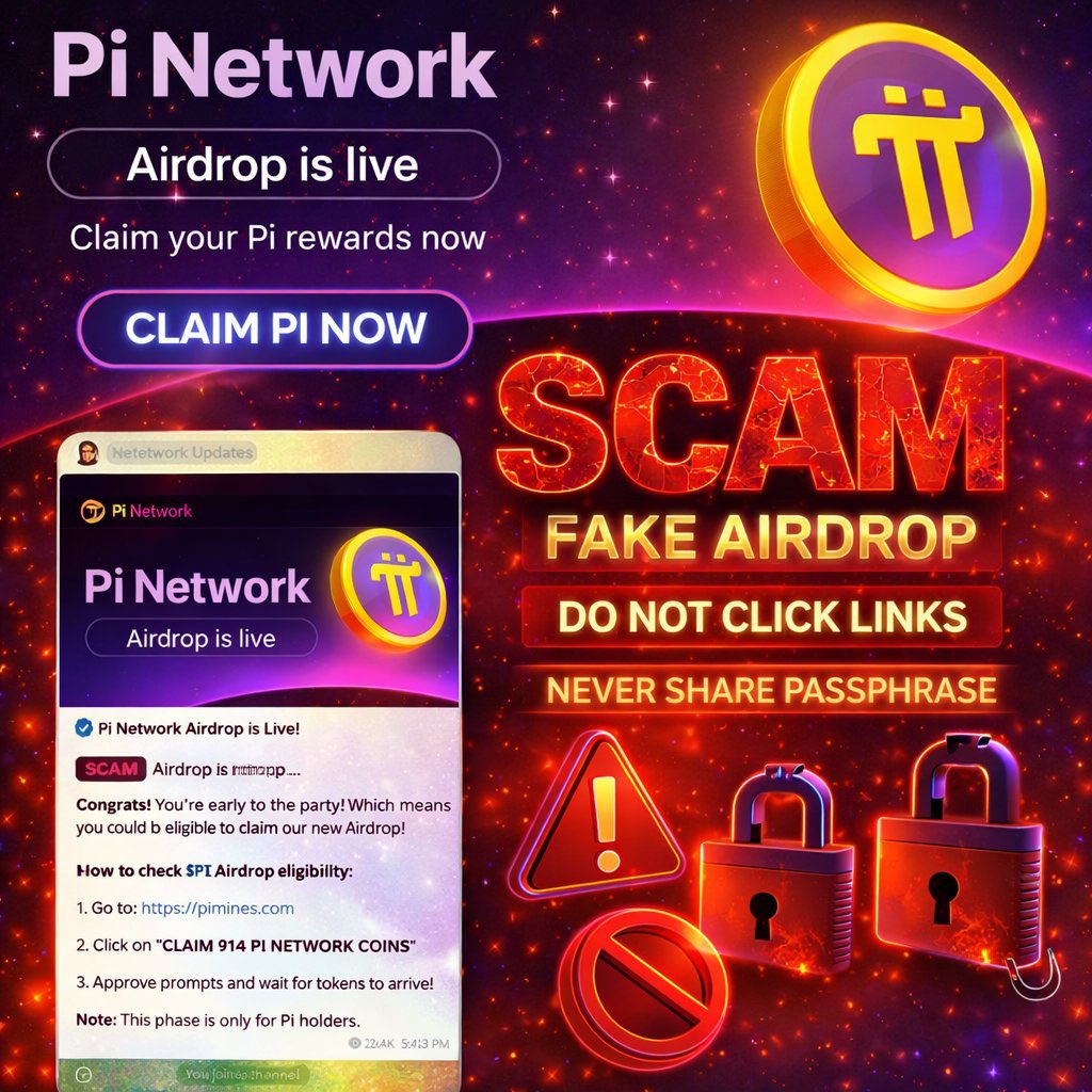 PiNetworkAlerts's tweet photo. 🚨⚠️ #PiNetwork SCAM ALERT – READ CAREFULLY PIONEERS ⚠️🚨

Fake “Pi Network Airdrop” messages are circulating on Telegram, X, WhatsApp & other platforms.

❌ Pi Network has NOT announced any airdrop ❌ Any link asking you to claim Pi is a SCAM

🛑 IMPORTANT SAFETY RULES FOR ALL PIONEERS 🛑

🔐 NEVER share your Passphrase 🔗 DO NOT click unknown links 🌐 DO NOT enter your Passphrase on ANY website 💰 Greed = Loss (high Pi rewards promises are traps)

⚠️ If you: • Enter your passphrase on any website
• Connect your wallet to fake links
• Approve unknown prompts
👉 Your Pi will be STOLEN instantly

❗ VERY IMPORTANT NOTICE
If you lose your Pi due to sharing your passphrase: 👉 Pi Network is NOT responsible 

🔒 Your passphrase = your private key
Anyone who has it = full control of your Pi

✅ ONLY TRUST: ✔️ Official Pi Network App
✔️ Official Pi Network website
✔️ Official Pi Core Team announcements

🚫 There is NO FREE Pi giveaway 🚫 There is NO instant claim website
📢 Stay smart. Stay safe. Protect your Pi.

🔁 Retweet to save other Pioneers
