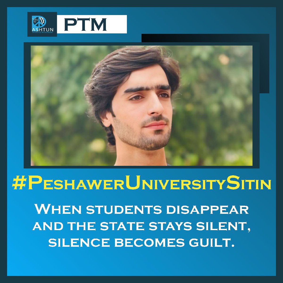 PTM_Canada's tweet photo. Students of Peshawar University are holding a peaceful sit-in against the enforced disappearance of their fellow classmates, demanding their safe return and an end to this crime against humanity. Their courage exposes how enforced disappearances are used to silence critical voices across Pakistan, tearing apart families and universities alike. Stand with them, raise your voice, and amplify their demands for justice. 

#PTMCanada #Pakistan 
@amnesty @amnestysasia @IHRF_English @hrw @UNHumanRights @EU_Commission @Europarl_EN #Afghanistan #Christmas #PeshawarUniversitySitin #StopEnforcedDisappearances