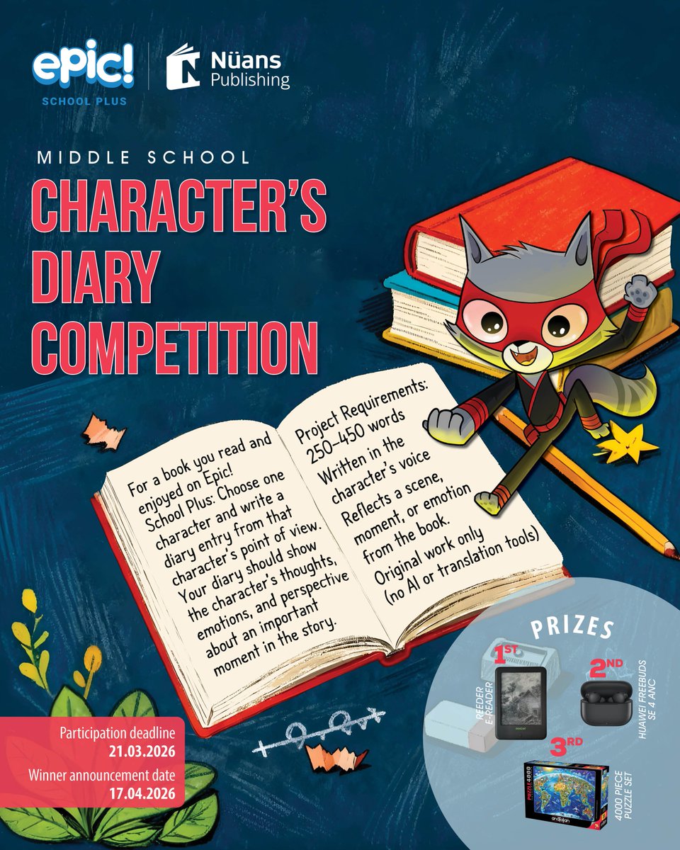 nuanspublishing's tweet photo. 📖 Step into a character’s mind and start writing!

This middle school competition invites students to write a character’s diary entry based on a book they read on Epic! School Plus, written from the character’s point of view and focusing on an important moment in the story. https://t.co/jNFzUL6Z8D