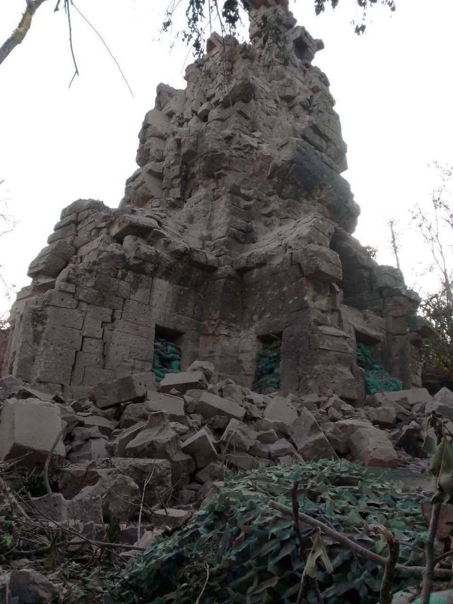 pheaktraneth's tweet image. The Thai military’s aggression against Cambodia has included the use of heavy artillery that damaged Buddhist temples, the bombing of Ta Krabei Temple and Preah Vihear Temple, and, most recently, the destruction of a statue of the god Vishnu. These sites are sacred places of…