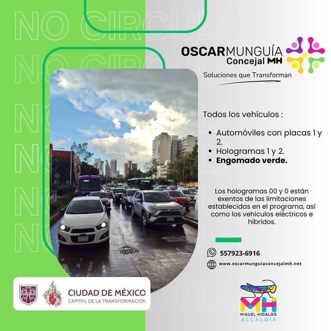 🚗 ¡Que no se te pase este jueves!

Si tu vehículo tiene engomado verde y placas terminadas en 1 y 2, con holograma 1 o 2, recuerda que no circula bajo el programa #HoyNoCircula.
🔓 Los automóviles con holograma 0 y 00 están exentos.

Ayúdanos a cuidar el ambiente y mantener una