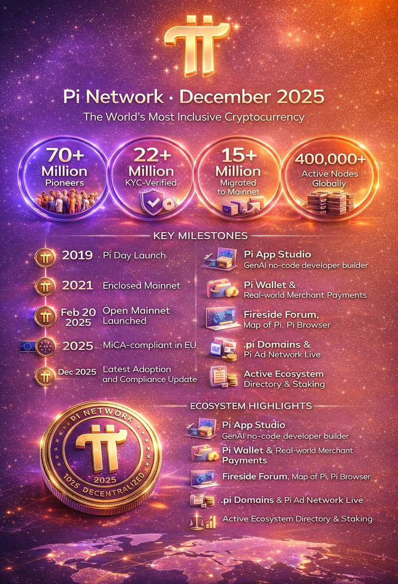 🚀🟣 Pi Network — December 2025 Milestone Update 🟣🚀

🌍 The World’s Most Inclusive Cryptocurrency is Growing Stronger!

🔥 Pi Network at a Glance (Dec 2025):
👥 70+ Million Pioneers worldwide
✅ 22+ Million KYC-Verified users
🔗 15+ Million migrated to Mainnet
🌐 400,000+