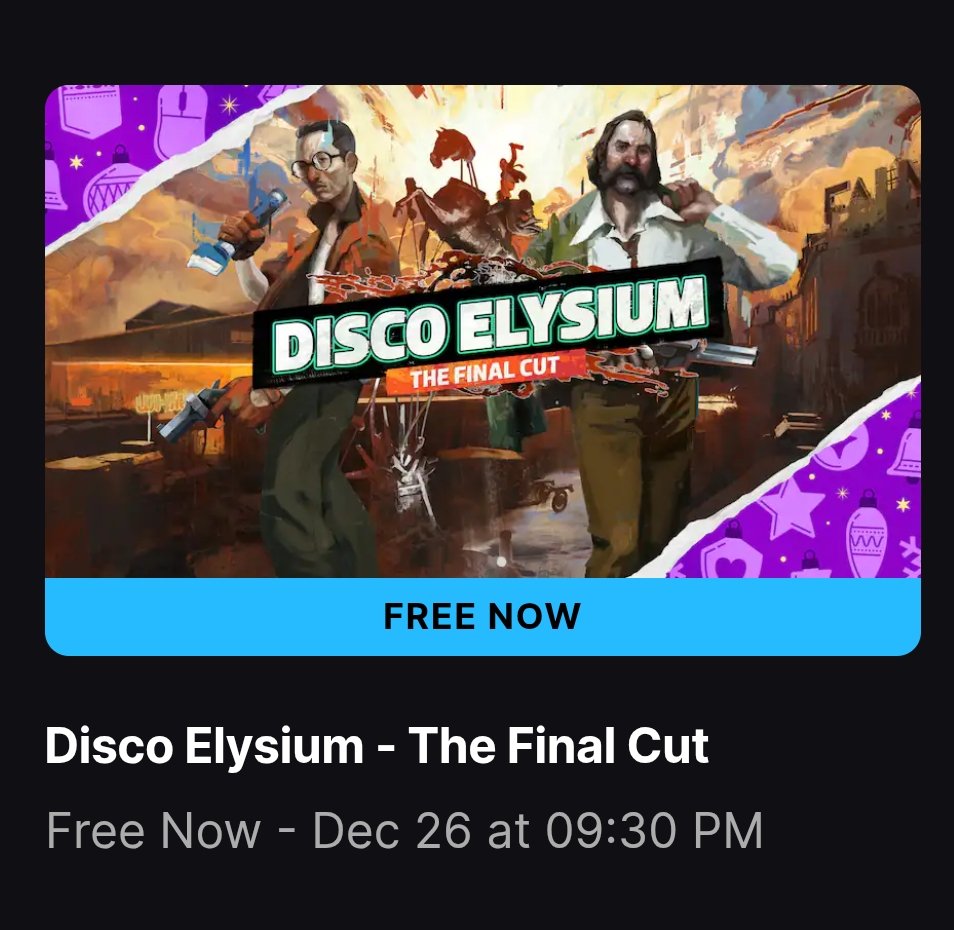 O jogo grátis dado pela Epic Games no natal de hoje:
Disco Elysium - The Final Cut