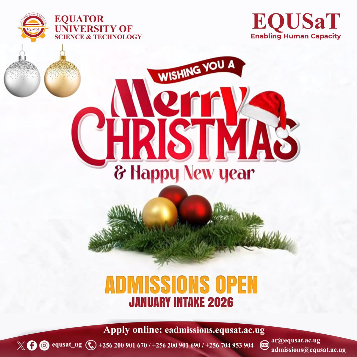 Equsat_Ug's tweet photo. Season’s greetings from EQUSaT!
Wishing you and your loved ones a joyful Christmas and a prosperous New Year.
2026 January intake is now open apply now and take the next step toward your future.
#EQUSaT #equsatug #EnablingHumanCapacity https://t.co/eB6frJWOwN