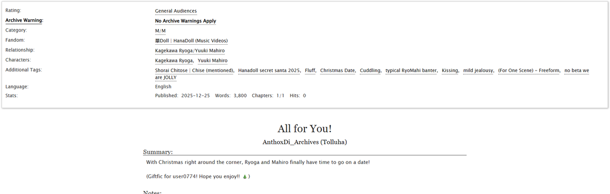 Happy Holidays <a href="/ov3nyov3n/">Oven</a> ! I'm your secret santa this year heh 

I wrote a fic about RyoMahi enjoying their Christmas date! I hope it hits all the right spots and that you like it!!! 

archiveofourown.org/works/76405631

#HanadollSecretSanta <a href="/HanadollSanta/">HanaDoll❄️ Secret Santa ❄️🎁🌸</a>