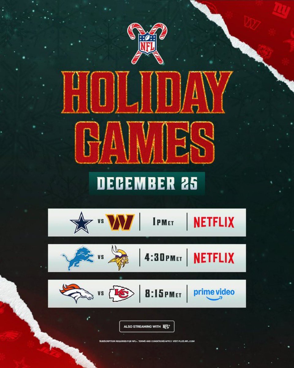 AdamSchefter's tweet image. Christmas’ NFL quarterback lineup features:

🌲Washington QB Josh Johnson vs the Cowboys.
🌲Minnesota QB Max Brosmer vs. the Lions.
🌲Kansas City QB Chris Oladokun vs. the Broncos.