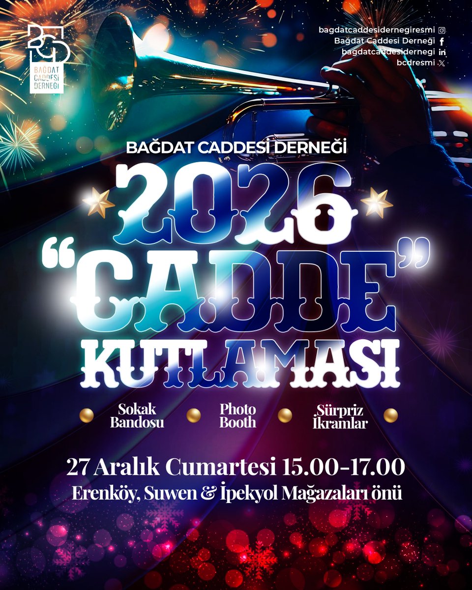 Yeni yıla birlikte merhaba diyelim!
🎉
Sizleri, 27 Aralık Cumartesi günü, 15.00-17.00 saatleri arasında derneğimizin organize ettiği 2026 Cadde Kutlama sokak etkinliğimize bekliyoruz!
🎺📸☕️ Özel sürprizler ve müzik eşliğinde eğlenceli bir yeni yıl kutlaması için Cadde’de
