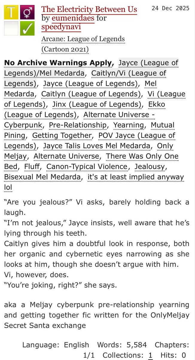 solitaireshep's tweet image. Merry Christmas to @gcldquartz! I was your Meljay Secret Santa, so I'm happy to offer you some pre-relationship cyberpunk Meljay with a dash of only one bed trope and a whole lot of yearning 

#OnlyMeljaySecretSanta 

archiveofourown.org/works/76346331