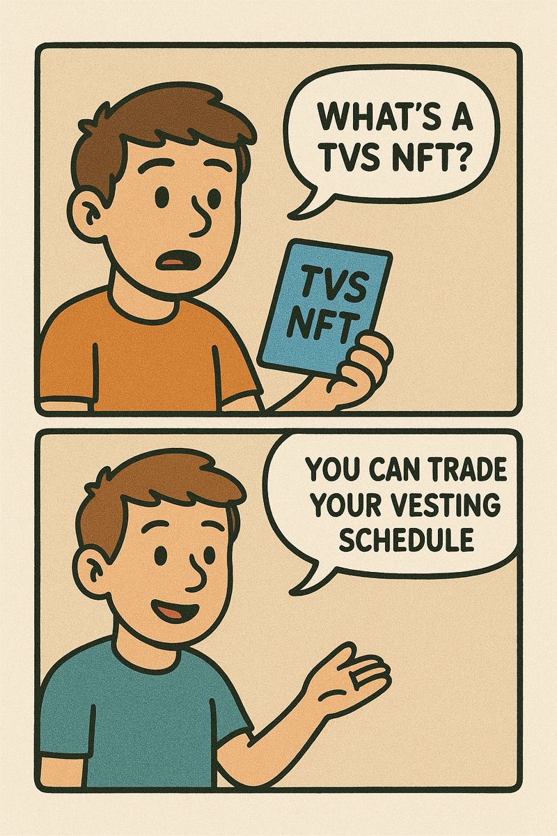 What is TVS  nft 🤔

<a href="/AlignerZ_Labs/">AlignerZ Labs</a>
On <a href="/wallchain/">Wallchain Quacks</a>

TVS (Tradable Vesting Schedule) is an ERC721 NFT &amp; it represents the vesting ownership. It can be sold or bought in any NFT marketplace (Magic Eden, OpenSea, etc…)🎄