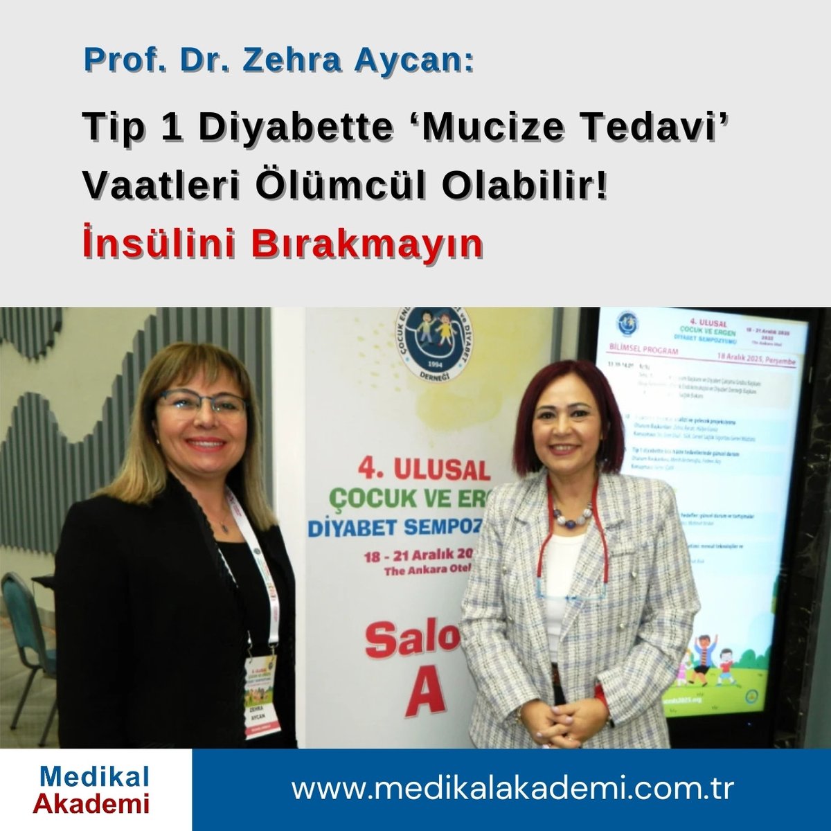 Tip 1 diyabetli çocuklar bilim dışı 'mucize tedavi' vaatlerinin hedefi oluyor. Bu durumun #insülin tedavisinin kesilmesine, koma ve hatta ölüme neden olduğunu belirten Prof. Dr. Zehra Aycan alternatif arayışlara yönelen aileler için kritik uyarılar yaptı. medikalakademi.com.tr/dr-zehra-aycan…