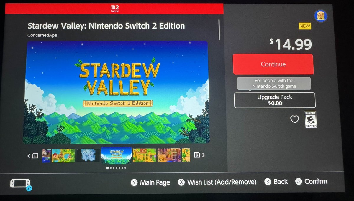 Wario64's tweet image. Stardew Valley: Nintendo Switch 2 Edition out on US eShop ($14.99 - includes free upgrade pack for owners). Search on the console eShop