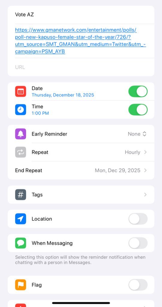 beotherworldly_'s tweet photo. vote for az as the new kapuso female star of the year. i try to vote hourly para lang di ako maoverwhelm (adhd lol).  im sharing my iphone hourly reminder set up with hyperlink para click na lang then vote. pls make sure you’re logged in para counted daw yung vote https://t.co/iRQjGmrRUe