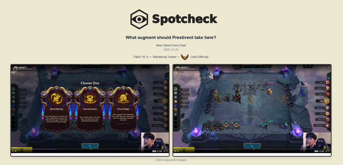 Merry Christmas everyone!!

Due to popular demand we are bringing back Spotcheck.

The daily game to help train your TFT decision skills.

Later tonight we will also be revealing a new second game on the site 🫣