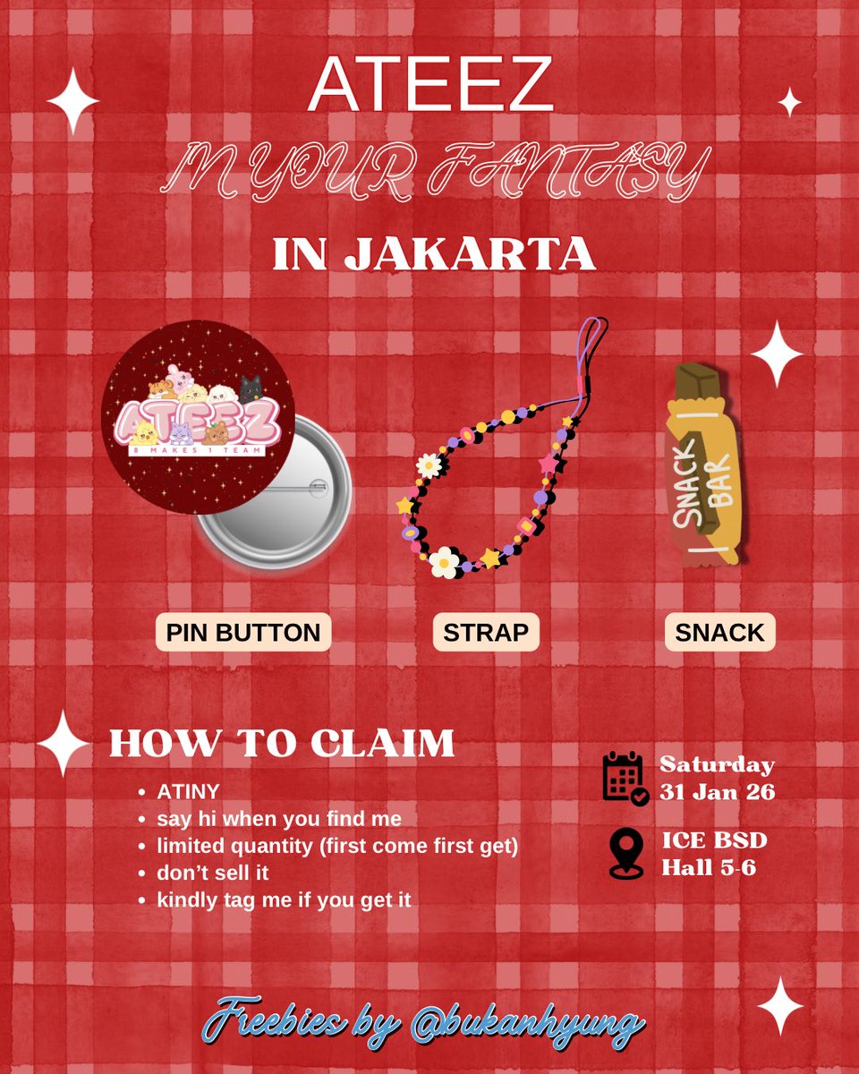 Ateez IYF In Jakarta freebies by <a href="/bukanhyung/">Mami.</a>

🗓️ Sat, 31 Jan 2026
📍 ICE BSD Hall 5-6

GET YOUR FREEBIES!
• ATINY
• say hi when you find me
• limited quantity (first come first get)
• don’t sell it
• kindly tag me if you get it

#ATEEZinJakarta #InYourFantasy