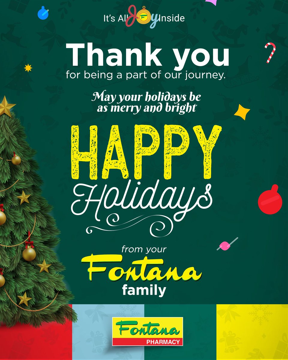 🎄✨ From our Fontana family to yours, we wish you a season filled with love, joy, and unforgettable moments. 

Thank you for being part of our journey — may your holidays be merry and bright!

Happy Holidays and a wonderful New Year! 💙🎉

#SeasonsGreetings #Fontanapharmacy