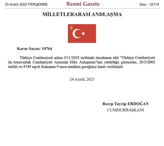 Erdoğan’ın imzasıyla Türk ‌Hava Yolları, 11,9 milyon dolar ‌değerindeki uçağını ​Arnavutluk Cumhuriyeti'ne hibe edecek.