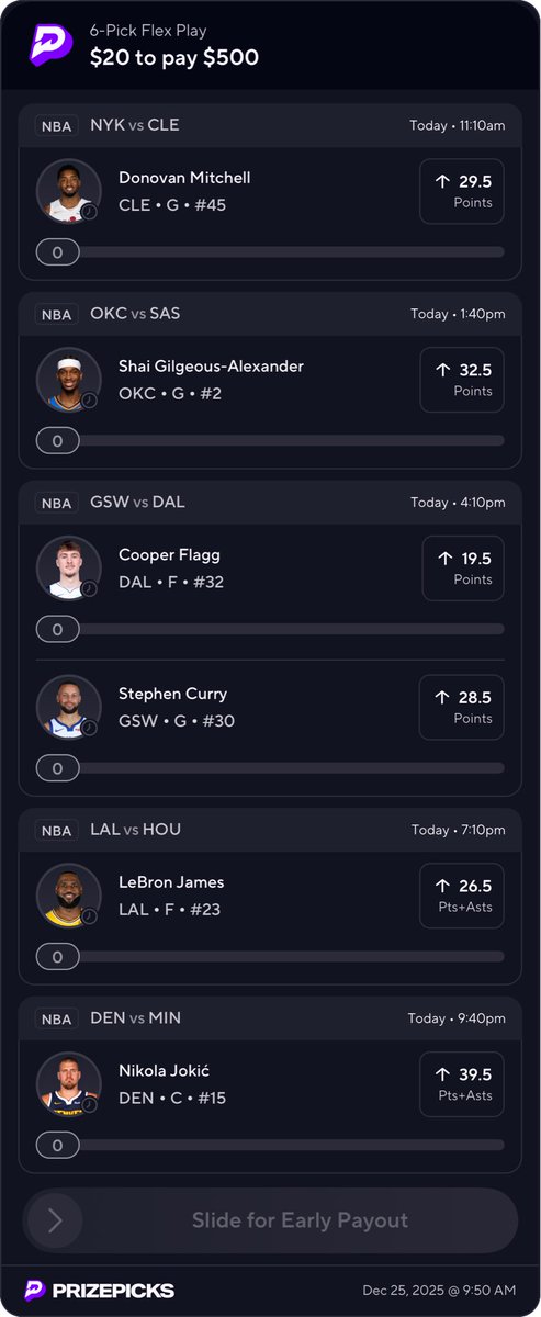 NBA Christmas PrizePicks 6 man 🎄

Giving away $100 to one lucky follower who ❤️♻️ this tweet!

If you’re looking for a Christmas Miracle, then look no further!

6 current or rising stars on one of the most MAGICAL times of the year! It’s a no brainer why we locked this in. It’s