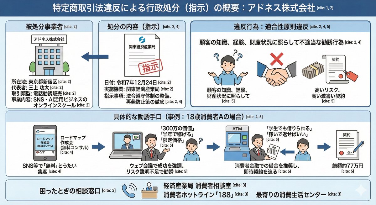 mofmof_investor's tweet photo. アドネス、かなりやばい…無料勉強会に参加した18歳のアルバイトに77万円の商材をサラ金で借りさせて契約。エゲつない。これがAIでスキルプラスなのか？

>本件営業員Ｚは、令和５年１１月頃、ＳＮＳを用いたビジネスに関する知
識を有しておらず、そのようなビジネスを行った経験や高額の契約を締結
した経験も有していない上、週に１回程度のアルバイトを行うのみで多く
ても月額５万円程度の収入しかない上、その他特段の財産もなく主に親か
らの経済的援助によって生活する当時１８歳の消費者Ａ（以下「消費者Ａ」
という。）に対し、無料のコンサルティングが受けられる「ロードマップ作
成会」との名目でウェブ会議のＵＲＬをコミュニケーションアプリのメッ
セージ機能によって送信して電話をかけ、本件役務提供契約についての電
話勧誘販売をしようとした。
その際、本件営業員Ｚは、消費者Ａに対し、「ＳＮＳ学ぶだけで集客困る
こと、マジでなくなりますよ」、「確かにもしかしたら３００万以上の価値
がある」、「このＺｏｏｍ内限定の価格で、５５万円まで落しますよ。」、「学
生さんで、消費者金融とかで普通にお金借りて、そこでまあ、分割で割って
払っていく、という方が多くて」及び「この半年でしっかり稼げるようにな
ったら・・・稼いだお金で払って、残りをプラスにする。で、稼いでお金で、
まとまったお金で一気に返せば、消費者金融の手数料も少なく済む。」と言
うなどし、ＳＮＳを用いたビジネスが成功して多額の金銭を得ることが期
待できる旨を強調して説明する一方で、ビジネスが成功せずに支払いが遅
滞した場合のリスク等を十分に説明することなく、消費者金融からの借金
をすることを勧めるなどしながら即時の契約締結をするように迫り、消費
者Ａをして手数料を含めた支払総額約７７万円の本件役務提供契約を締結
させ、もって消費者Ａの知識、経験及び財産の状況に照らして不適当と認
められる勧誘をした。
