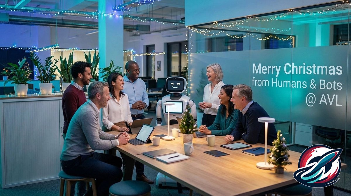 AvlcLlc's tweet image. Season’s greetings from all of us: humans and bots alike: at Absolute Velocity Labs! Wishing your team joy, peace, and epic wins in 2026. Together, let’s make next year brighter than ever. Merry Christmas! 🎄🤖💙 #HappyHolidays #HumansAndAI