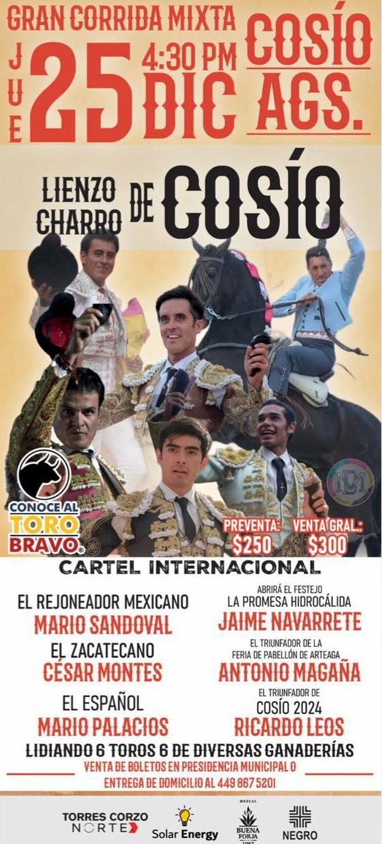 Cosío (Aguascalientes) MEX Lienzo charro hoy Corrida de Navidad Toros de Fernando de la Mora, Cuco Peña, San Antonio de Triana y Claudio Huerta, para el rejoneador Mario Sandoval, y a pie César Montes, Mario <a href="/PalaciosArevalo/">Mario Palacios</a>, Ricardo Leos y @Antoniomagmen Magaña <a href="/portaltaurino/">Portal Taurino</a>