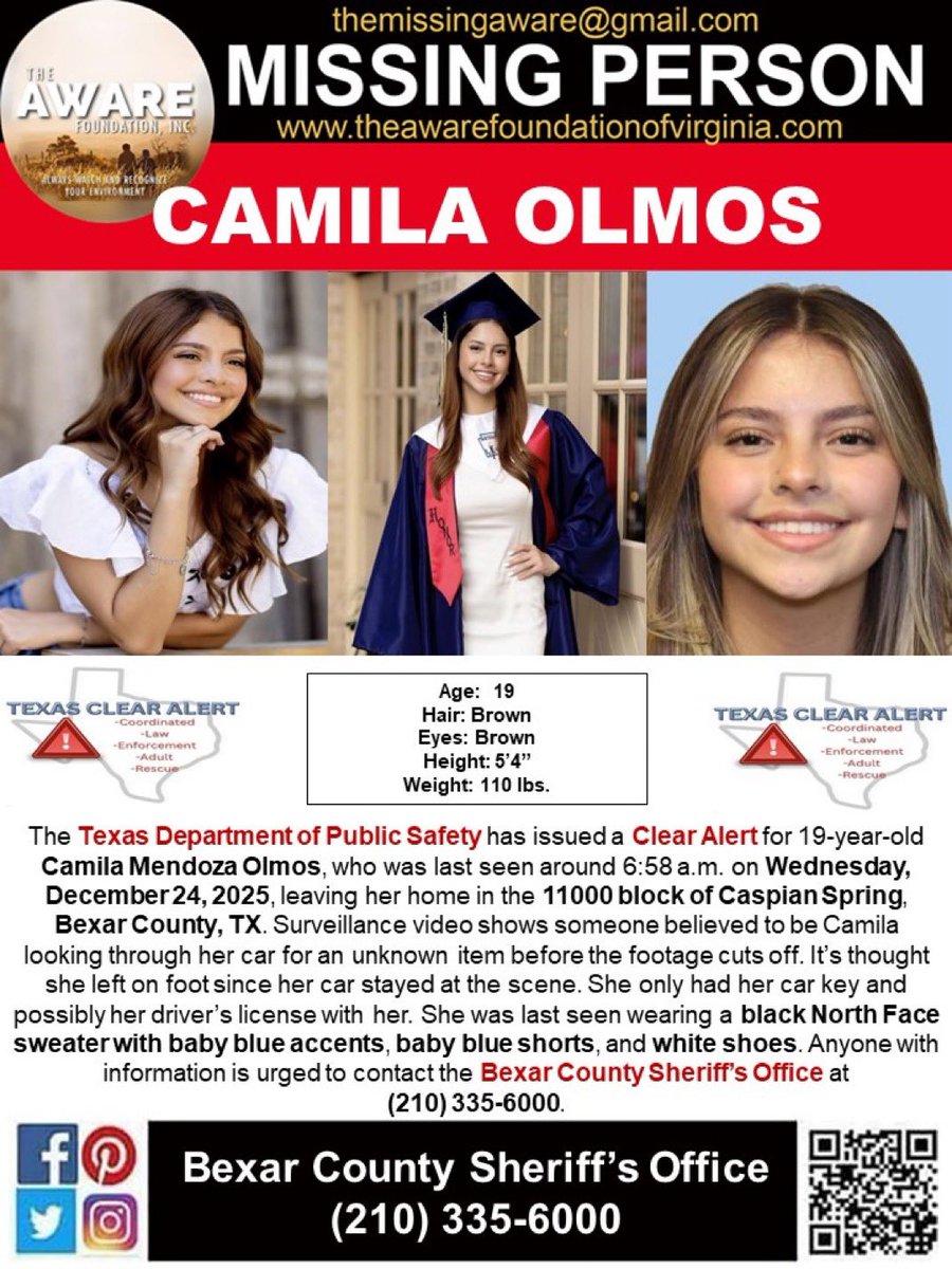 nikthehat's tweet image. 💢 MISSING: HAVE YOU SEEN ME?

Authorities in Bexar County, Texas, are seeking the public’s help to locate 19-year-old Camila Mendoza Olmos, who went missing on Christmas Eve morning.

She was last captured on surveillance video around 6:58 a.m. on December 24, 2025, near her…