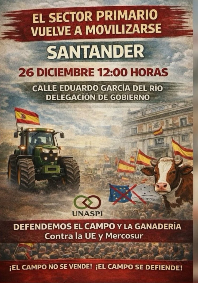 Mañana día 26 no os quedéis en casa, salgamos a apoyar a nuestros agricultores y ganaderos 🌾🐄frente a los burócratas que les han vendido en el Acuerdo Mercosur. 

Contra los acuerdos injustos que promueven la competencia desleal. Contra la #Agenda2030 #VoxConElCampoEspañol