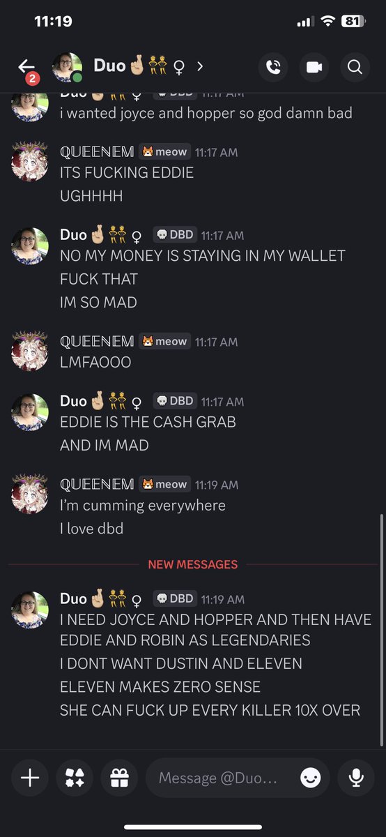 QueenEm4487's tweet photo. LMFAO THE DIFFERENCE BETWEEN MY DUO AND I💀 @melissayeti_  #dbd #StrangerThings5 https://t.co/wTQikLSk9t